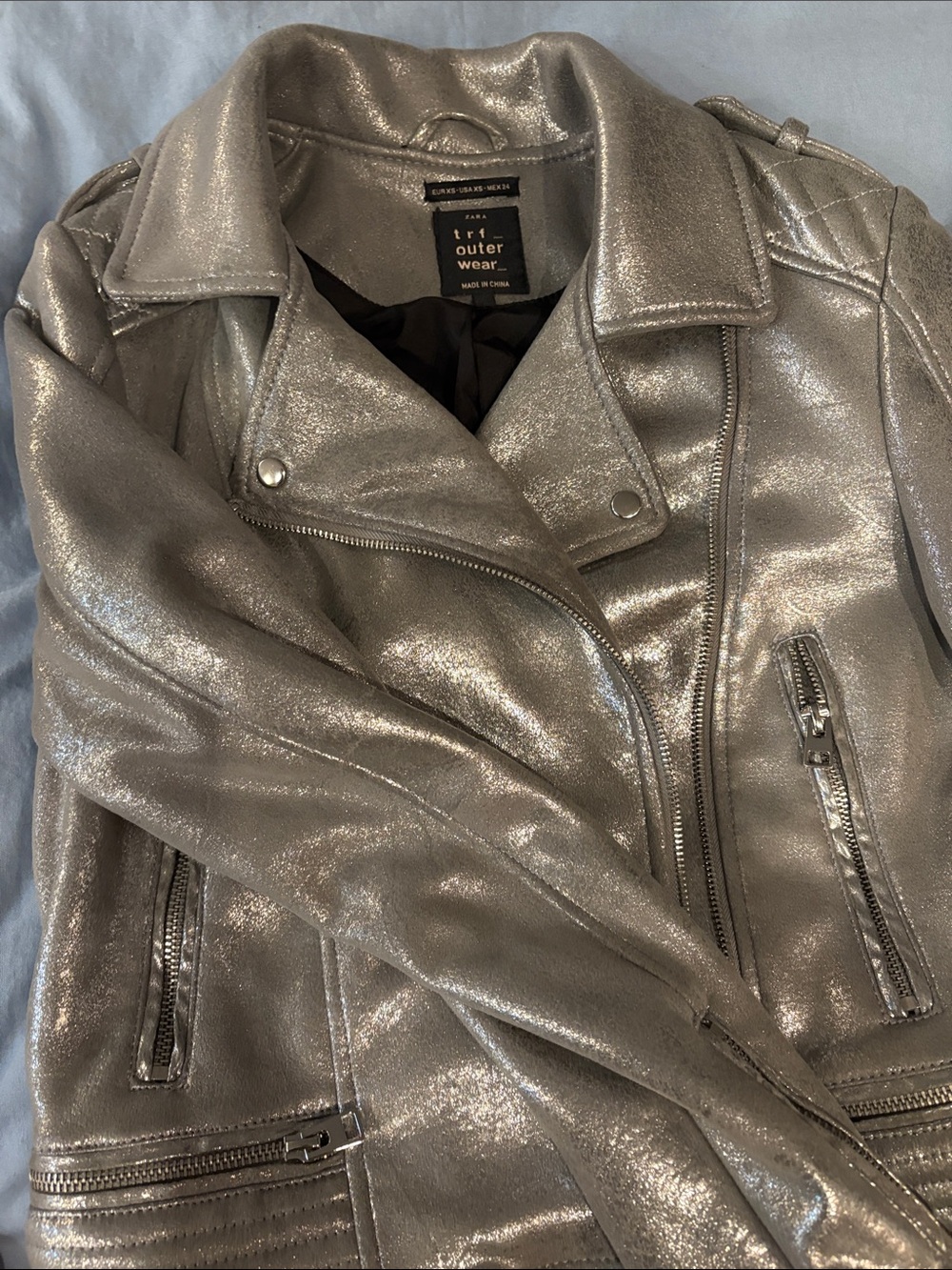 ZARA TRF Metallic Silver Faux Leather Moto Jacket - Women